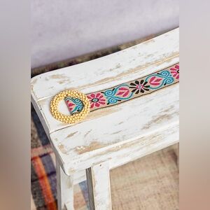 POL Floral Embroidered Pink and Turquoise Belt with Gold Buckle
